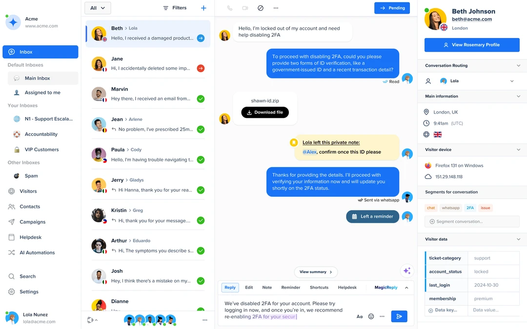 Interface Crisp avec boîte omnicanale, conversation et fiche client