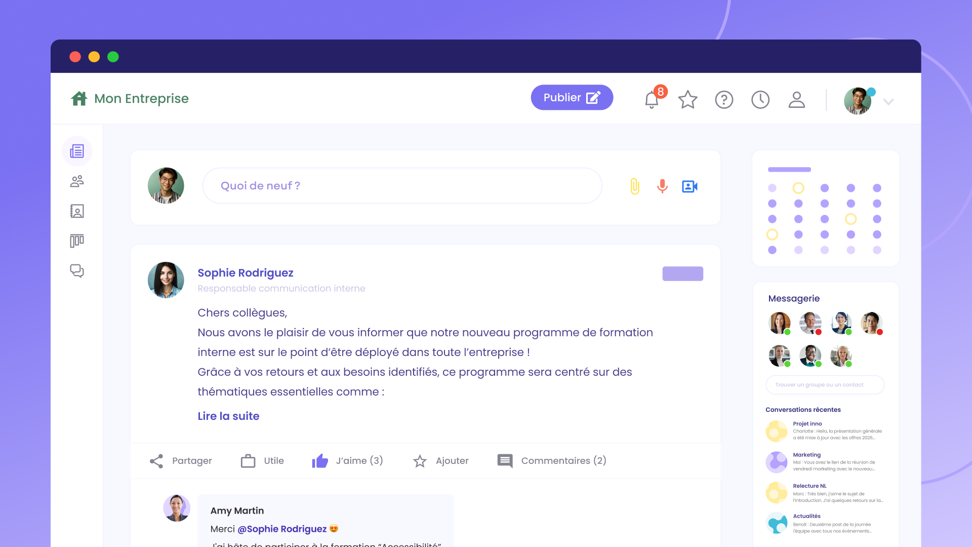 Interface Jamespot Open Agora avec flux d'activité et messagerie
