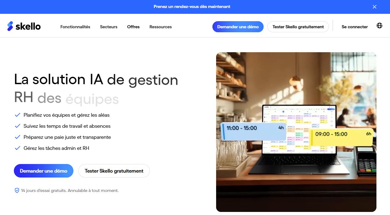 Page officielle Skello présentant sa plateforme IA de gestion RH