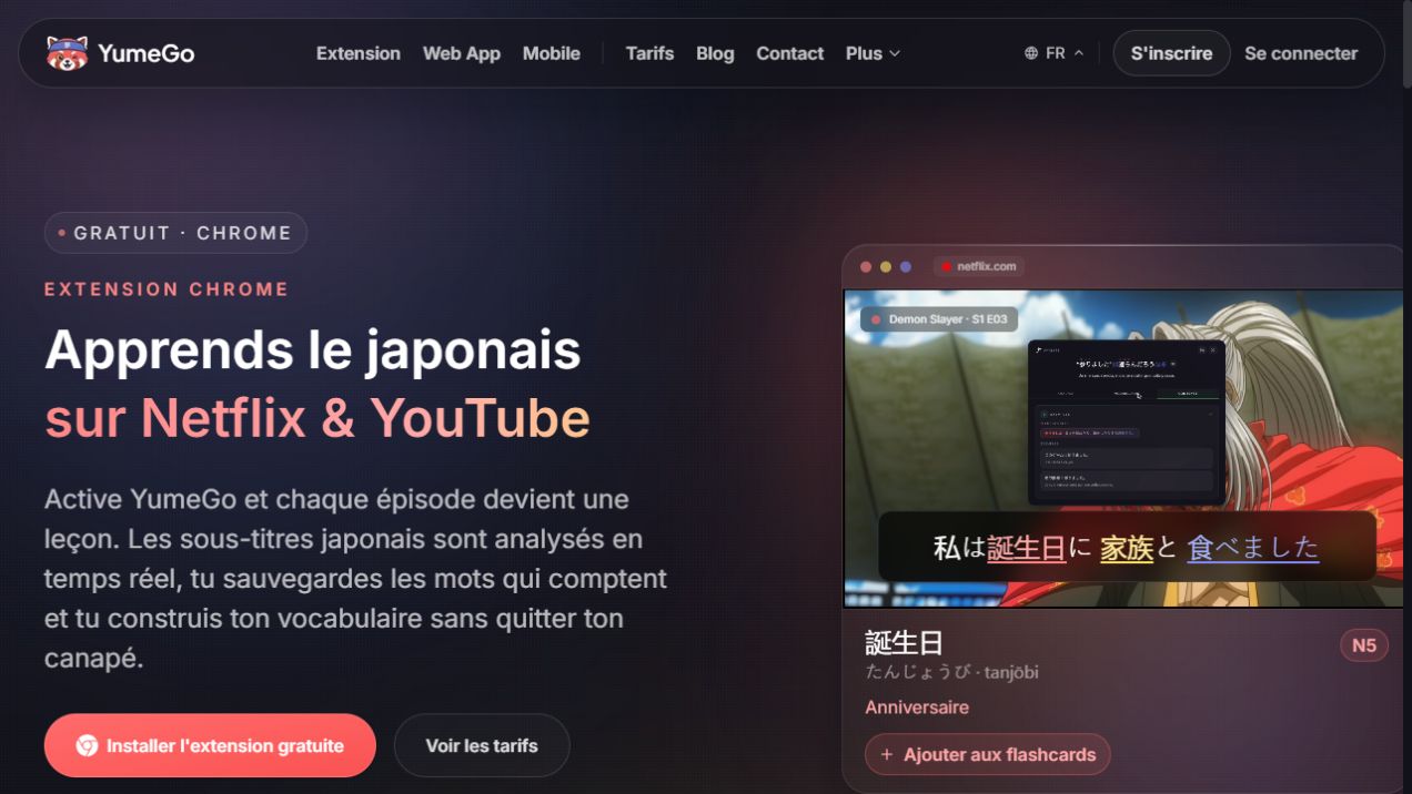 Extension YumeGo analysant les sous-titres japonais sur Netflix et YouTube
