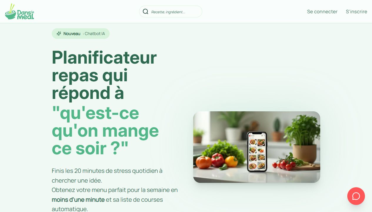 Page d'accueil DansLeMeal présentant le planificateur de repas et son interface mobile