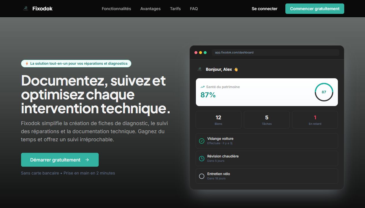 Page d'accueil Fixodok présentant le suivi des biens et interventions techniques