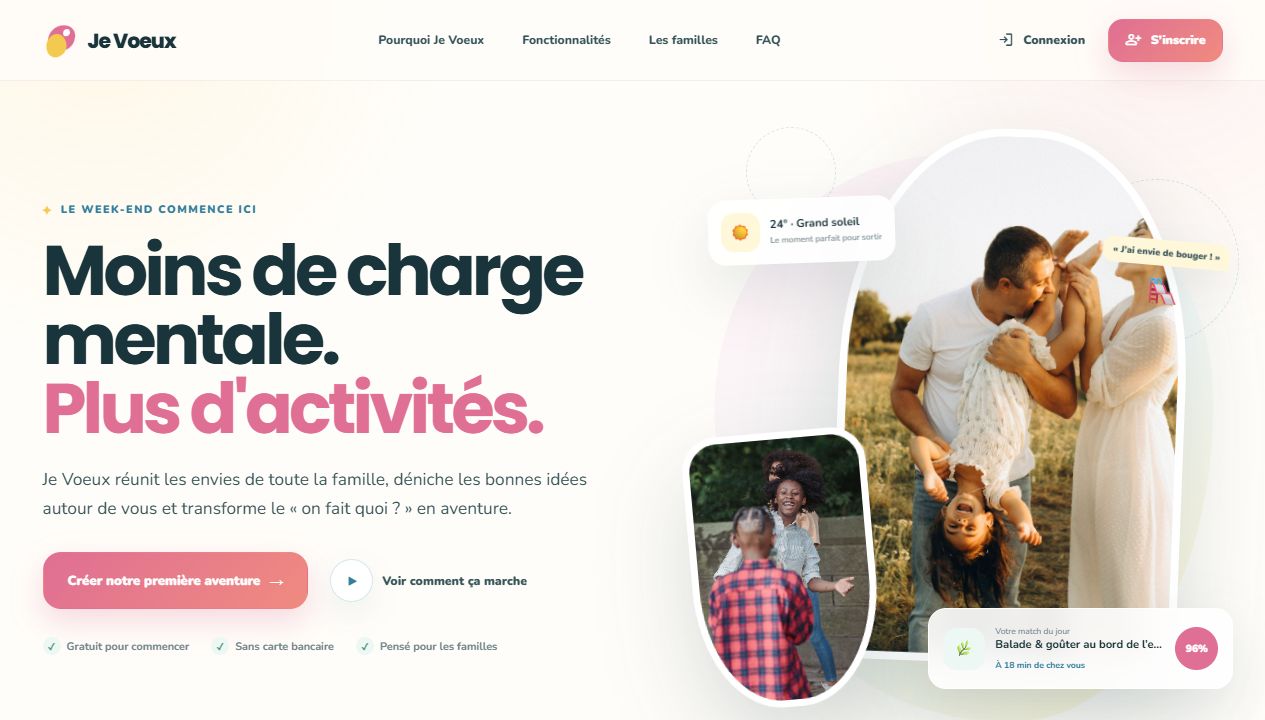 Page d'accueil Je Voeux présentant les suggestions d'activités familiales