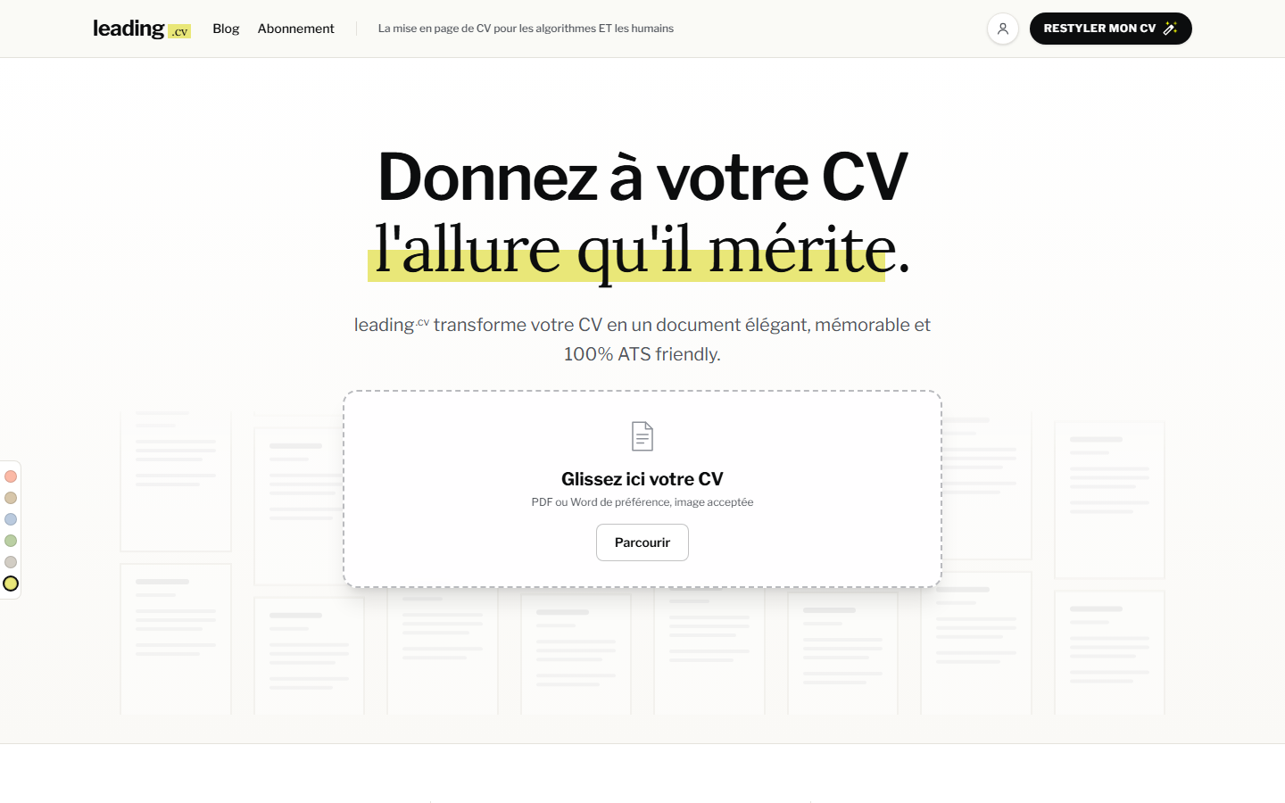 Accueil Leading.cv présentant l'import d'un CV et sa mise en page compatible ATS