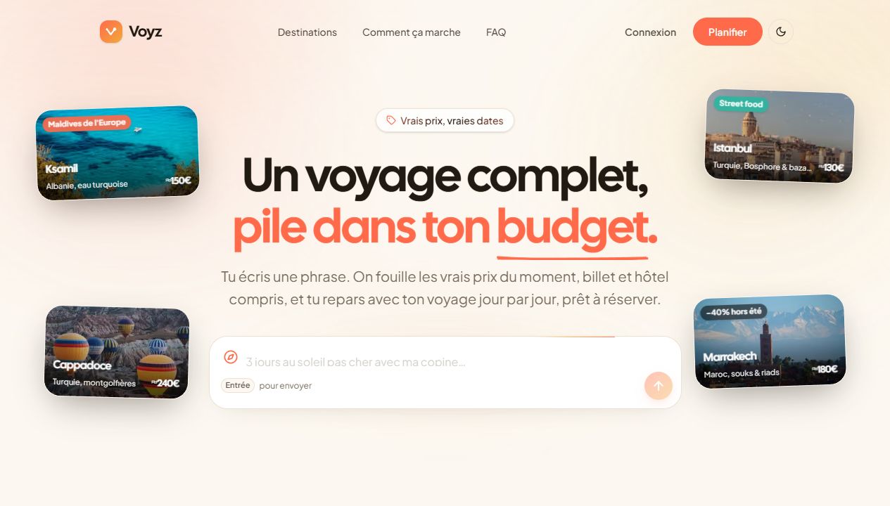 Page d'accueil Voyz présentant la planification d'un voyage complet selon le budget