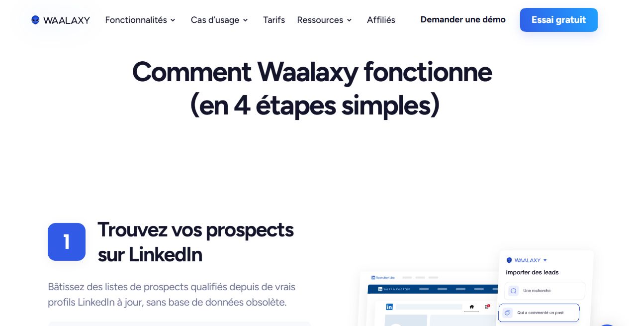 Interface officielle Waalaxy présentant l'import de prospects LinkedIn