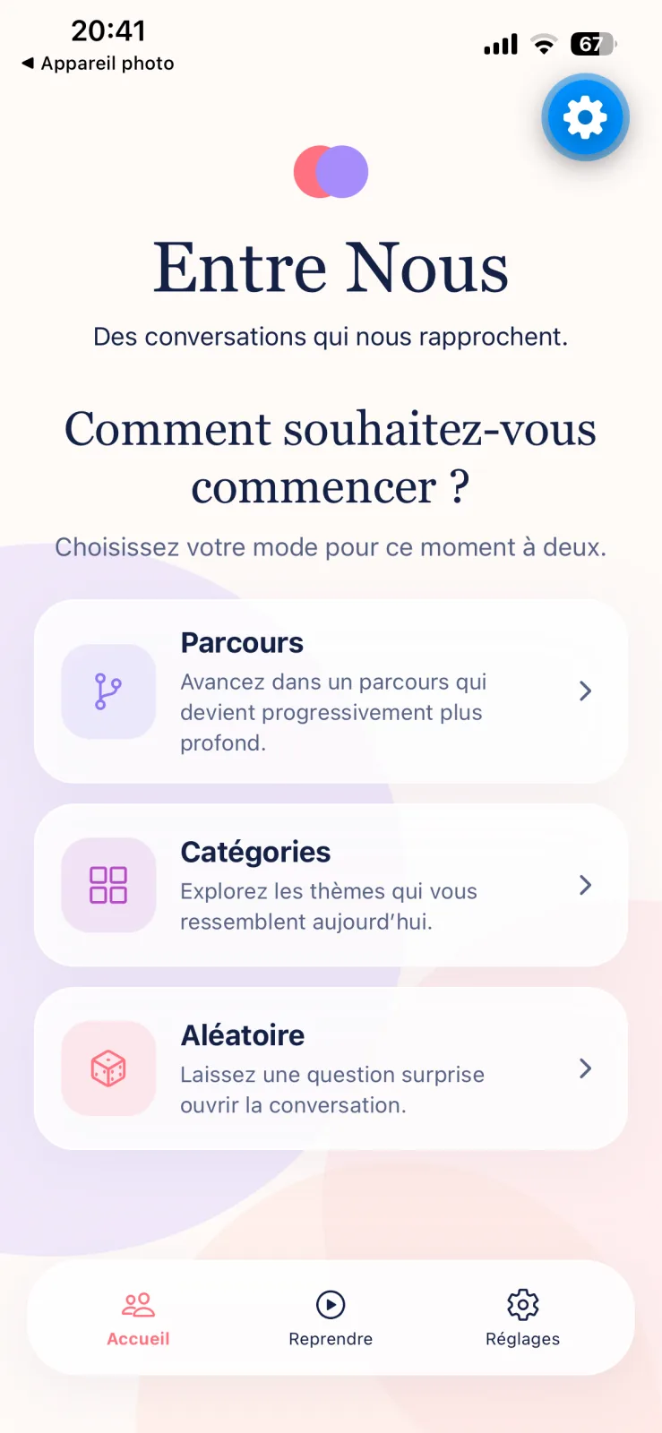 page d'accueil de mon app avec les différentes catégories et boutons