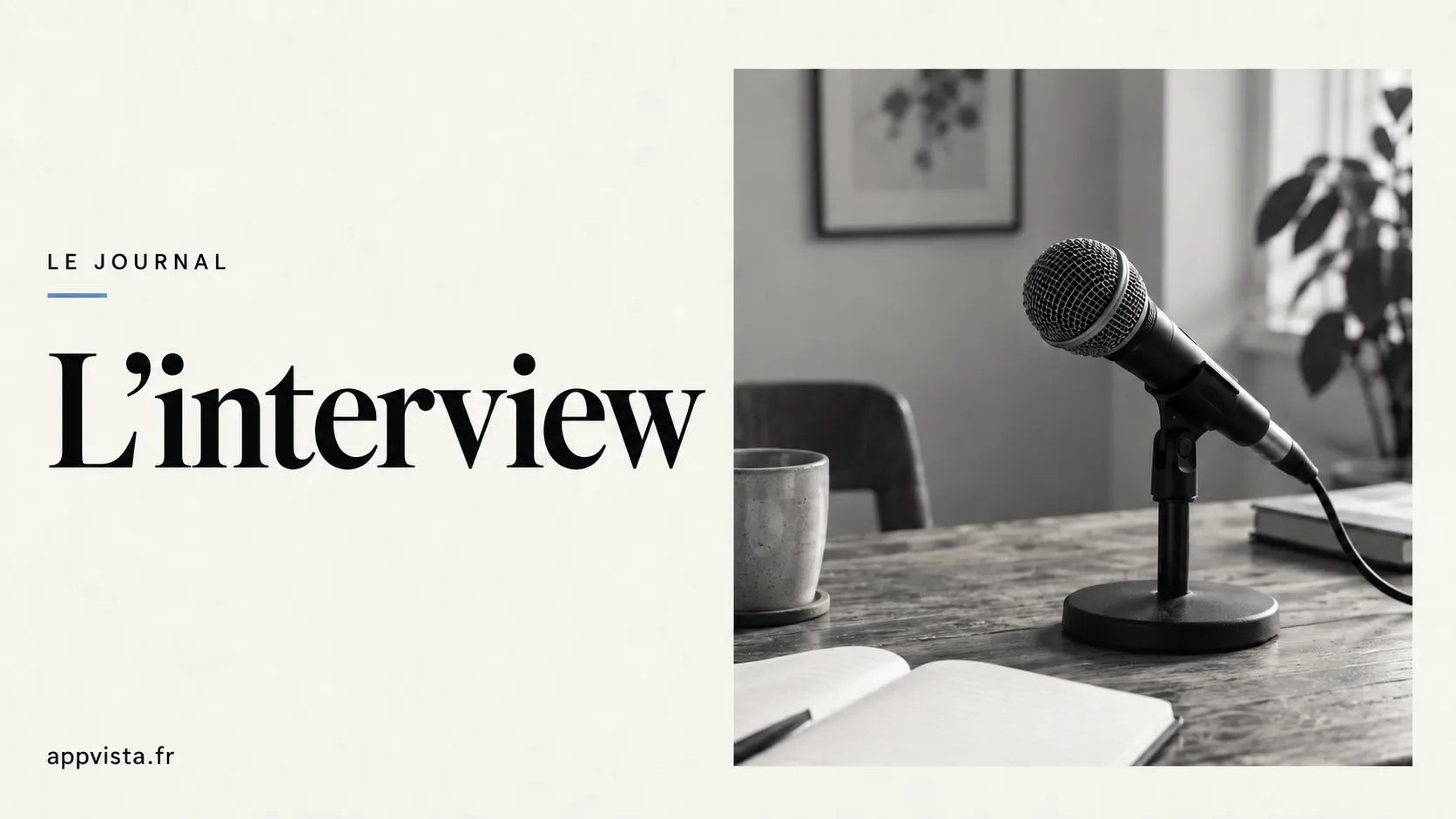 Visuel de présentation des interviews montrant un micro posé sur un bureau