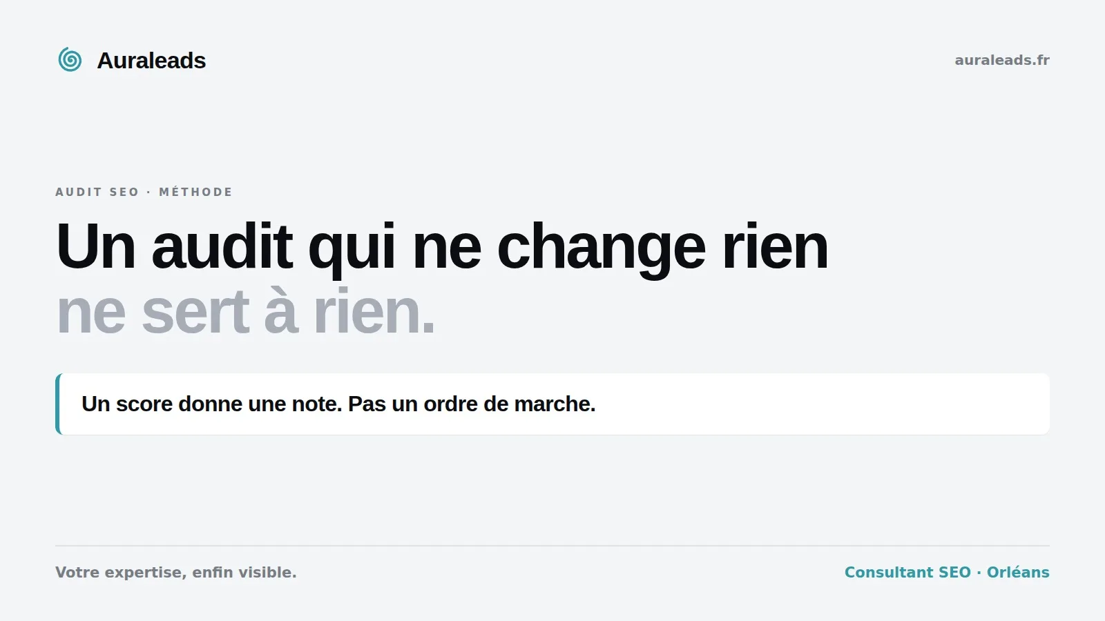 Carte Auraleads rappelant qu'un score d'audit donne une note mais pas un ordre de marche
