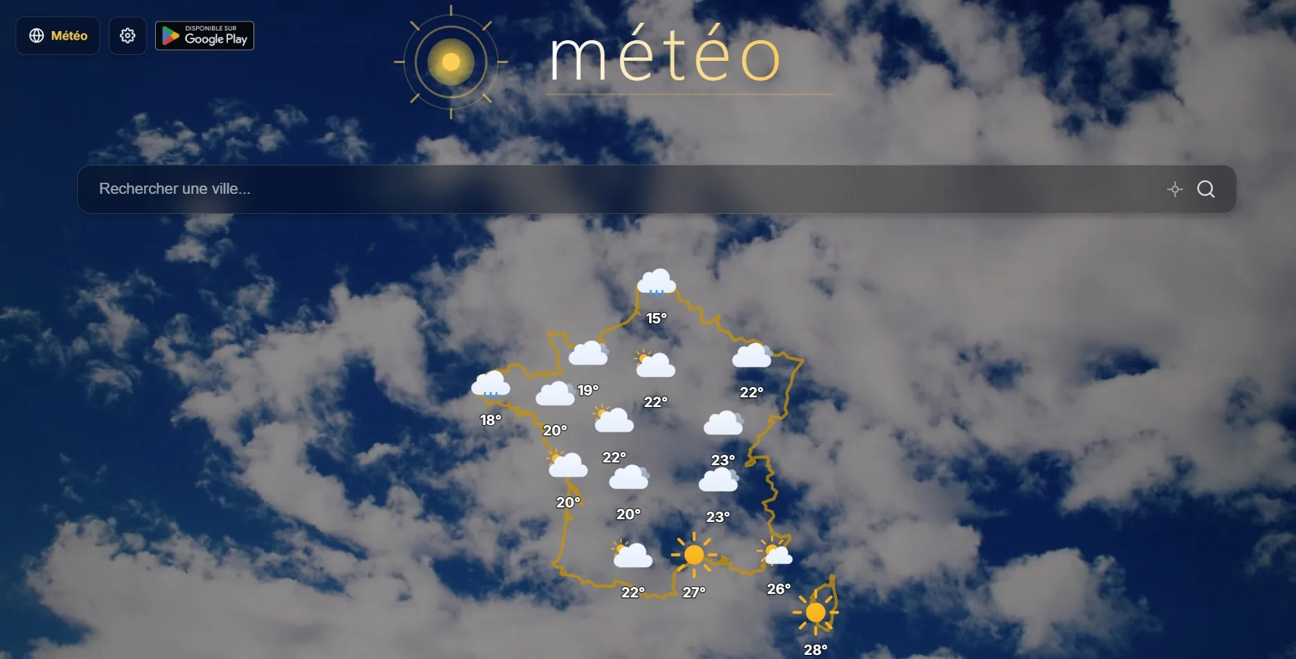 L'écran d'accueil de Météo élégante : une carte de France dessinée au trait doré, chaque région portant sa température et son icône, sur une photographie de ciel bleu et de nuages.