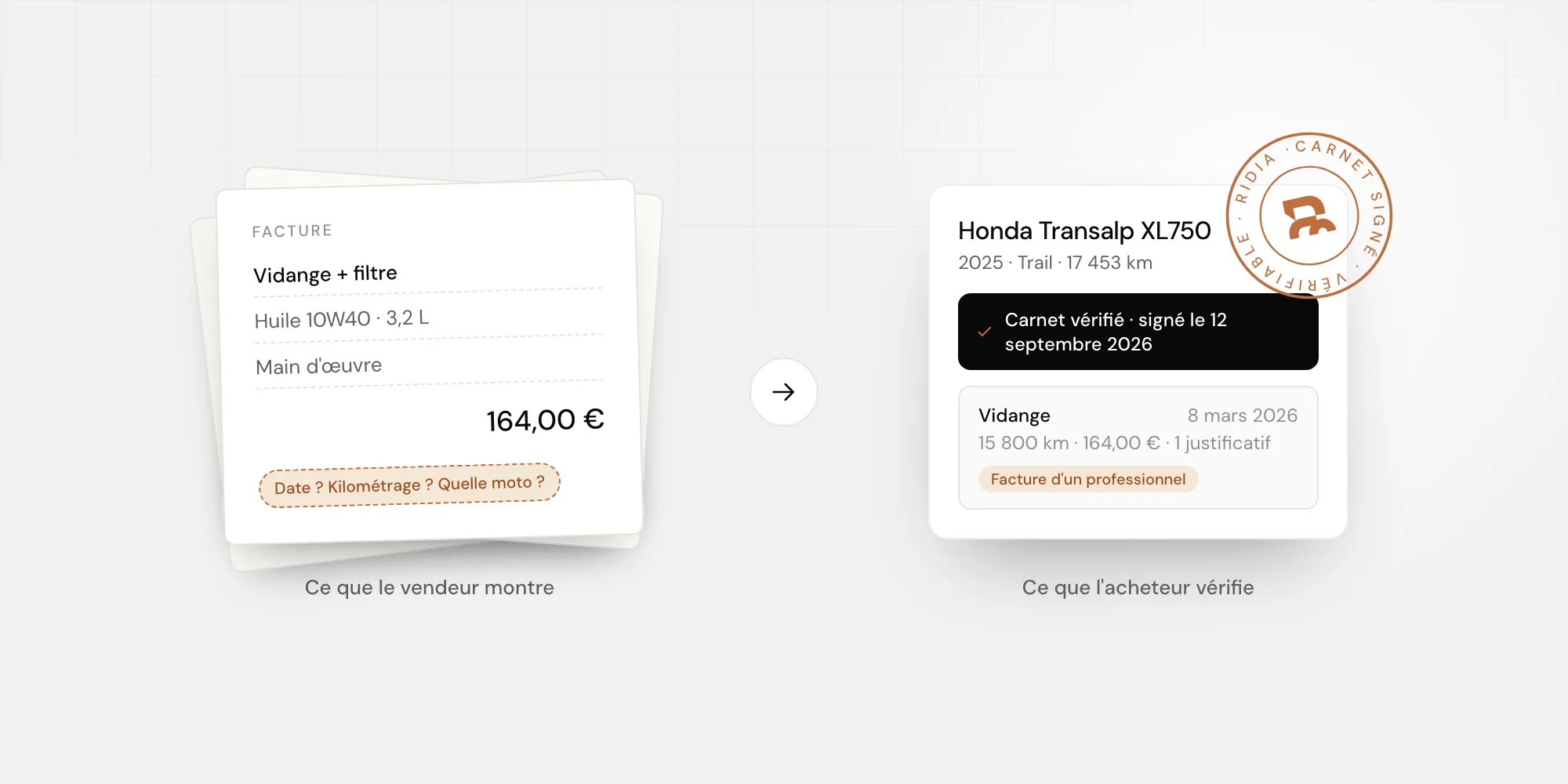 Une pile de factures froissées, dont la première porte la mention « Date ? Kilométrage ? Quelle moto ? », face à une page de carnet signé Ridia qui affiche la même vidange avec sa date, son kilométrage et sa provenance.